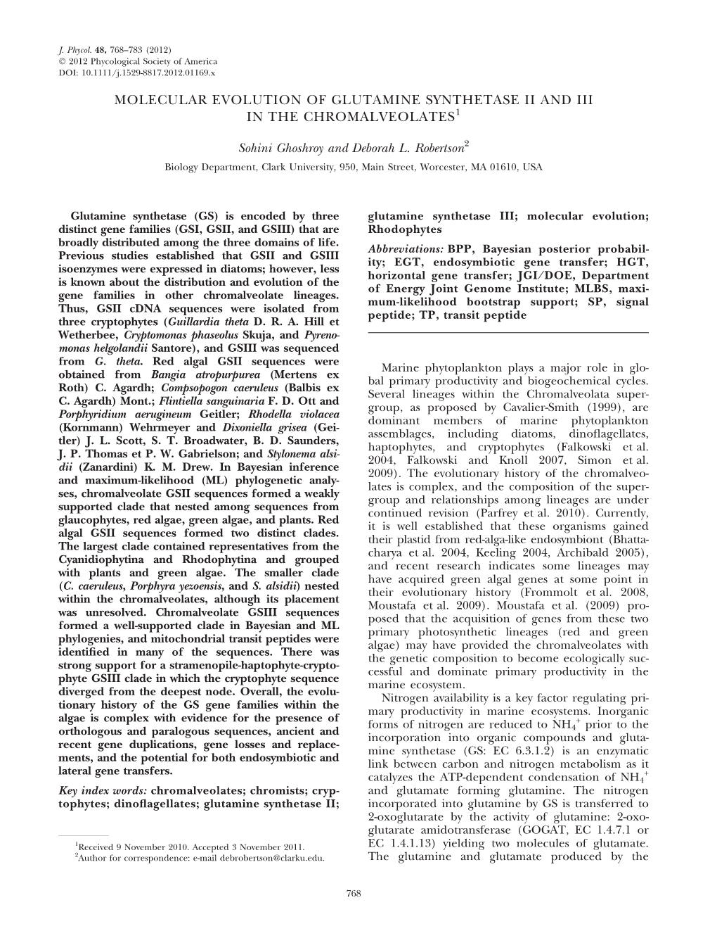 Molecular Evolution of Glutamine Synthetase Ii and Iii in the Chromalveolates1