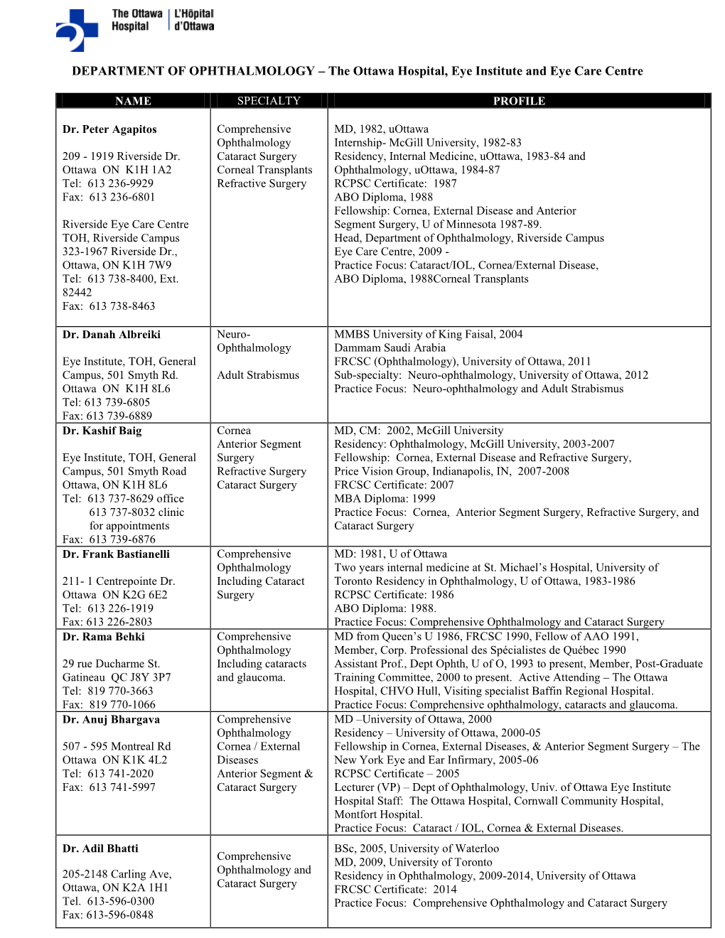 DEPARTMENT of OPHTHALMOLOGY – the Ottawa Hospital, Eye Institute and Eye Care Centre