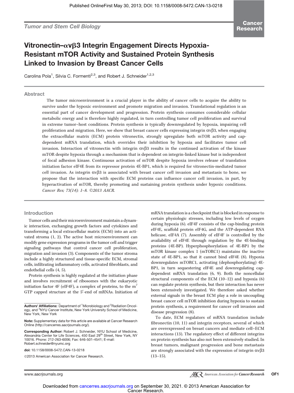 Vitronectin–Avb3 Integrin Engagement Directs Hypoxia- Resistant Mtor Activity and Sustained Protein Synthesis Linked to Invasion by Breast Cancer Cells