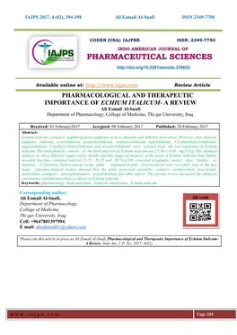 PHARMACOLOGICAL and THERAPEUTIC IMPORTANCE of ECHIUM ITALICUM- a REVIEW Ali Esmail Al-Snafi Department of Pharmacology, College of Medicine, Thi Qar University, Iraq