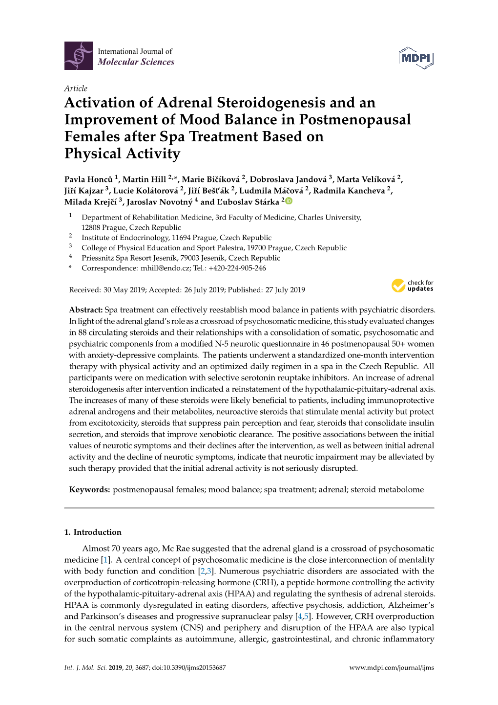 Activation of Adrenal Steroidogenesis and an Improvement of Mood Balance in Postmenopausal Females After Spa Treatment Based on Physical Activity