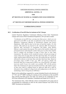 NORTHERN REGIONAL POWER COMMITTEE ADDITIONAL AGENDA - II for 40Th MEETING of TECHNICAL COORDINATION SUB-COMMITTEE & 43Rd MEETING of NORTHERN REGIONAL POWER COMMITTEE