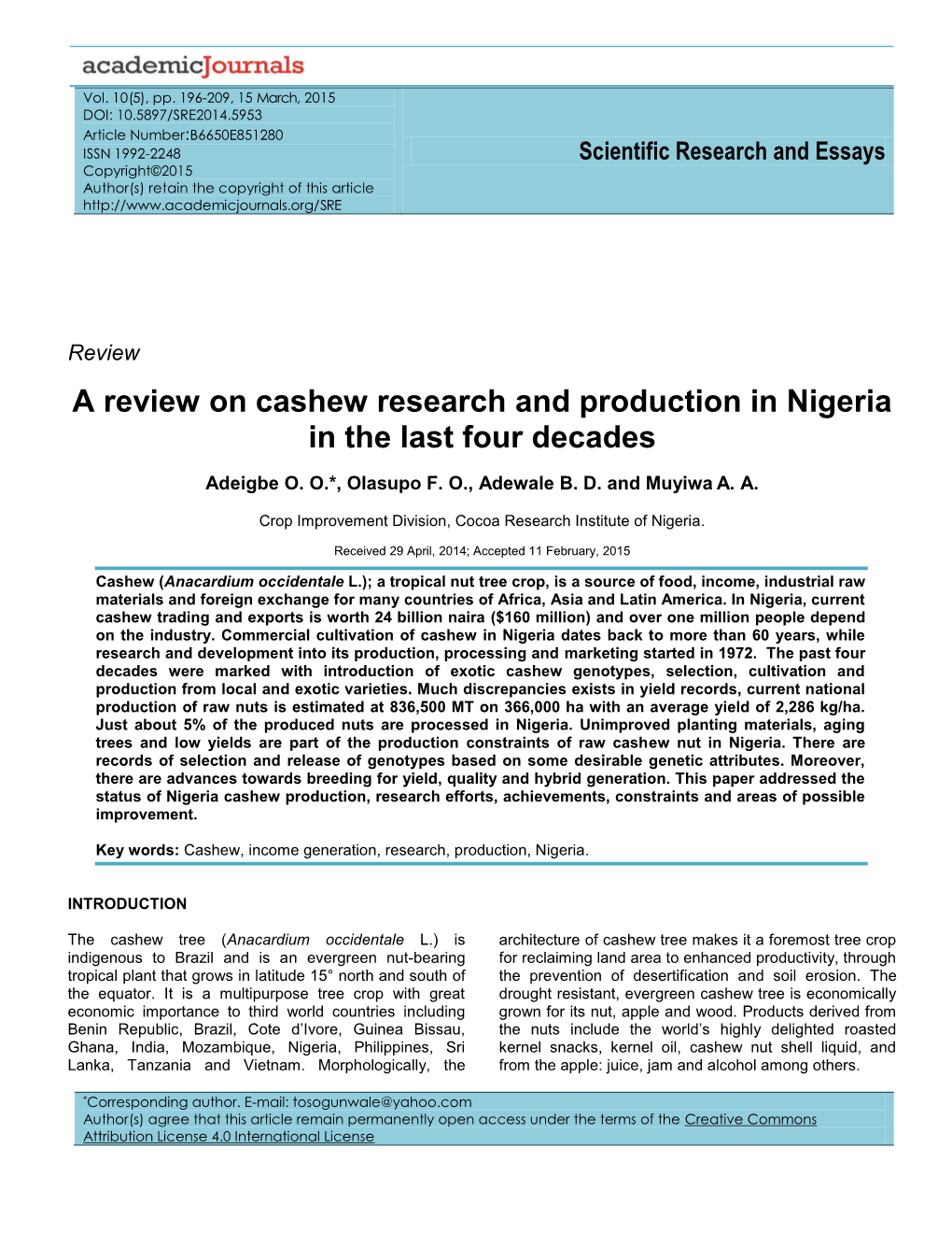 A Review on Cashew Research and Production in Nigeria in the Last Four Decades