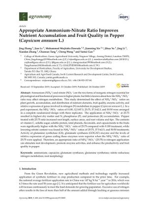 Appropriate Ammonium-Nitrate Ratio Improves Nutrient Accumulation and Fruit Quality in Pepper (Capsicum Annuum L.)