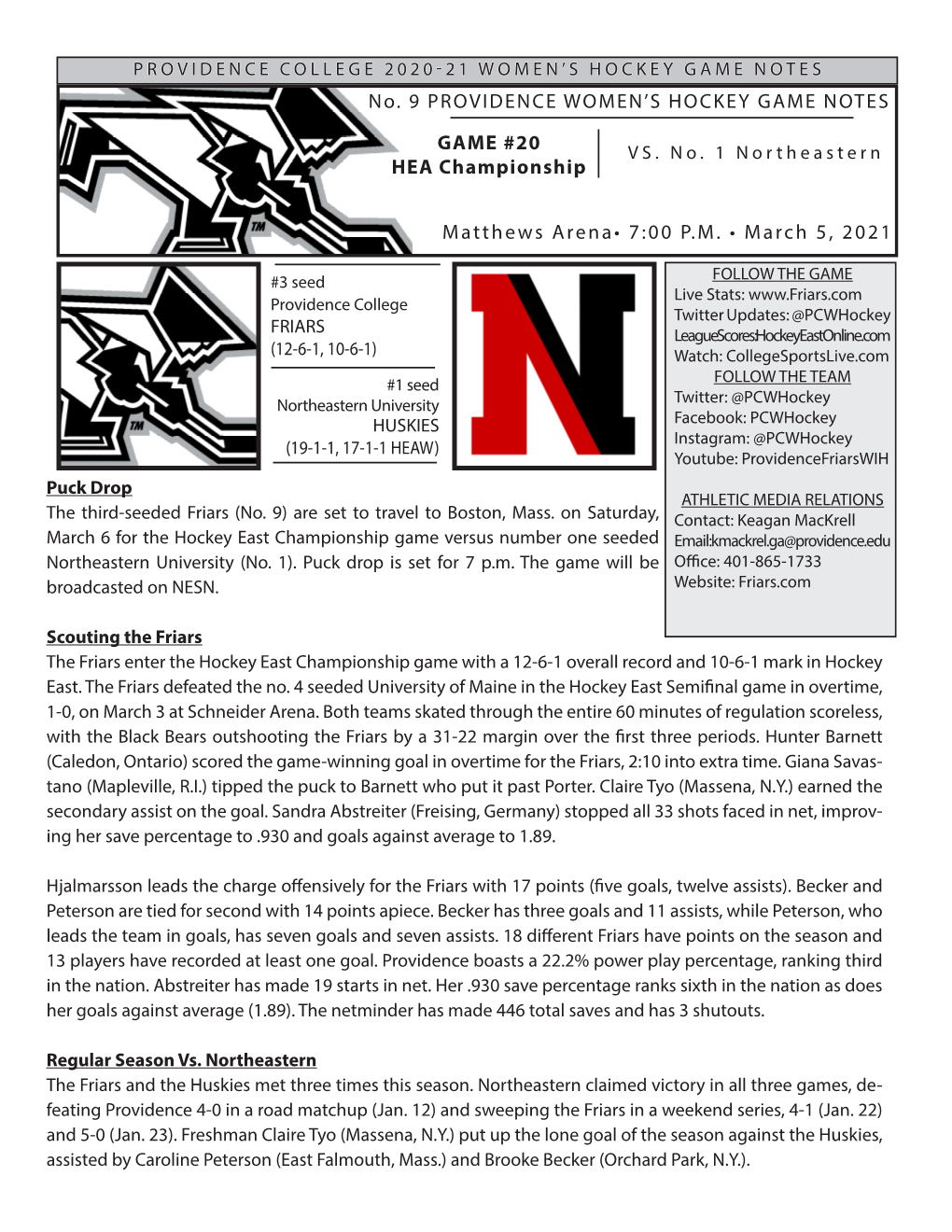 No. 9 PROVIDENCE WOMEN's HOCKEY GAME NOTES GAME #20