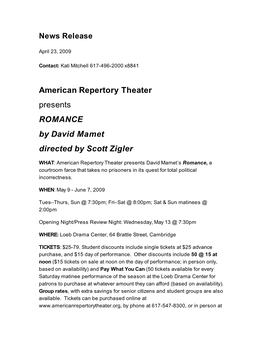 American Repertory Theater Presents ROMANCE by David Mamet