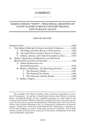 “White”: the Judicial Abolition of Native Slavery in Revolutionary Virginia and Its Racial Legacy