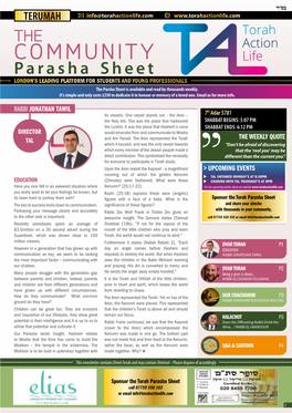 COMMUNITY Parasha Sheet LONDON’S LEADING PLATFORM for STUDENTS and YOUNG PROFESSIONALS the Parsha Sheet Is Available and Read by Thousands Weekly