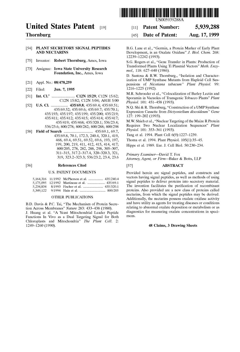 United States Patent (19) 11 Patent Number: 5,939,288 Thornburg (45) Date of Patent: Aug