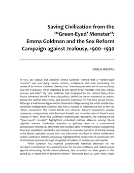 Emma Goldman and the Sex Reform Campaign Against Jealousy, 1900–1930