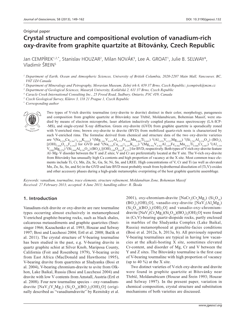 Crystal Structure and Compositional Evolution of Vanadium-Rich Oxy‑Dravite from Graphite Quartzite at Bítovánky, Czech Republic
