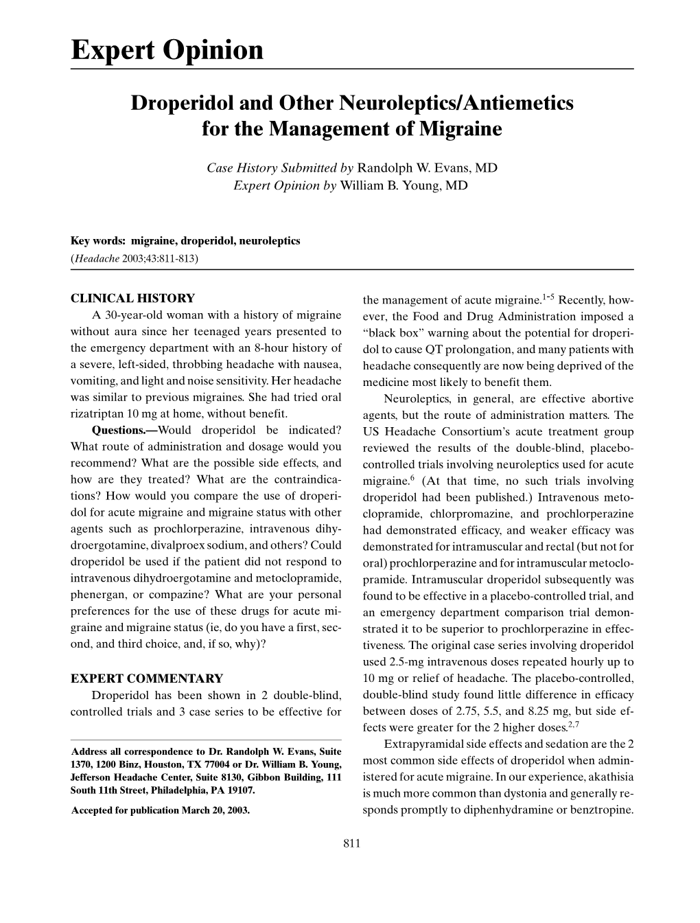 Droperidol and Other Neuroleptics/Antiemetics for the Management of Migraine