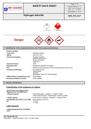 Hydrogen Telluride SDS 074 CLP O Óm 2.3 : Toxic Gas