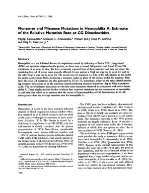 Nonsense and Missense Mutations in Hemophilia A: Estimate of the Relative Mutation Rate at CG Dinucleotides Hagop Youssoufian,* Stylianos E