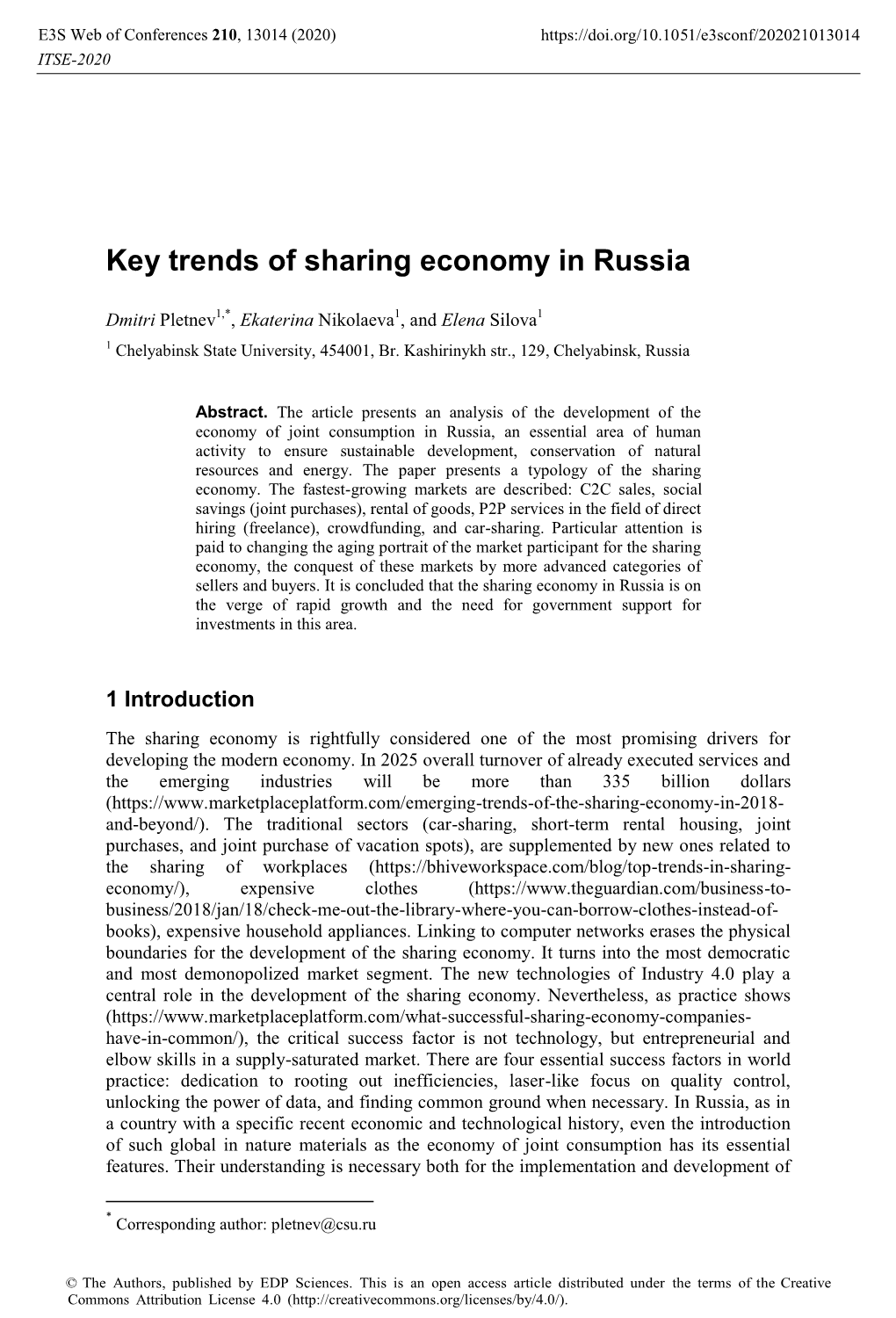 Key Trends of Sharing Economy in Russia