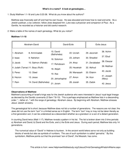 What's in a Name? a Look at Genealogies… 1. Study Matthew 1:1-18