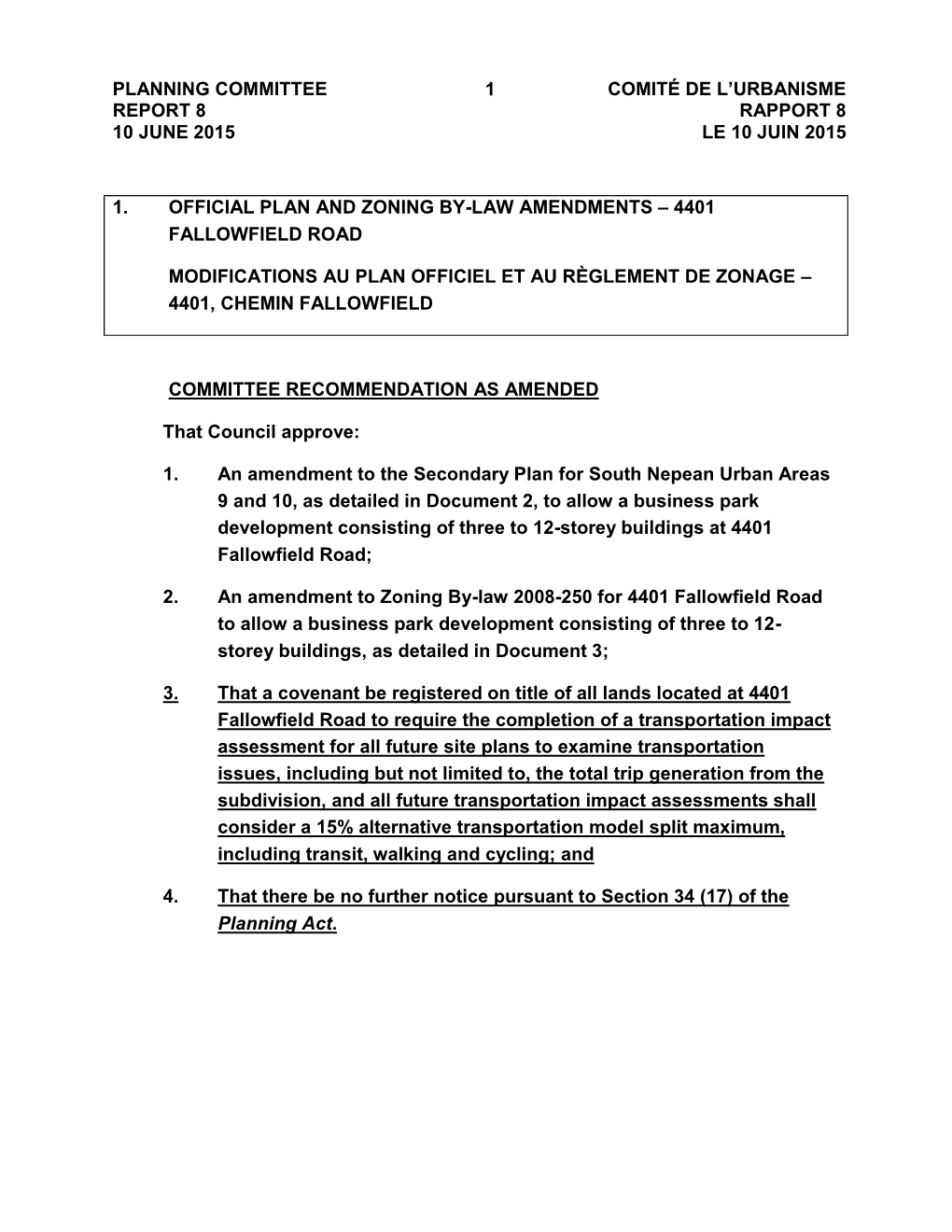 Planning Committee Report 8 10 June 2015 1 Comité De L