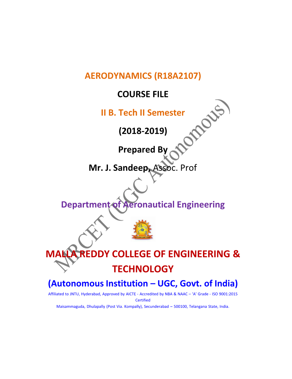 Aerodynamics (R18a2107) Course File Ii B