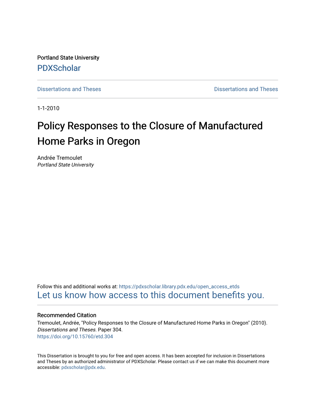 Policy Responses to the Closure of Manufactured Home Parks in Oregon