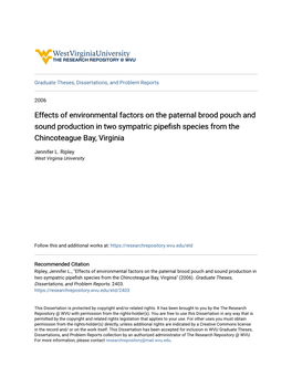 Effects of Environmental Factors on the Paternal Brood Pouch and Sound Production in Two Sympatric Pipefish Species from the Chincoteague Bay, Virginia