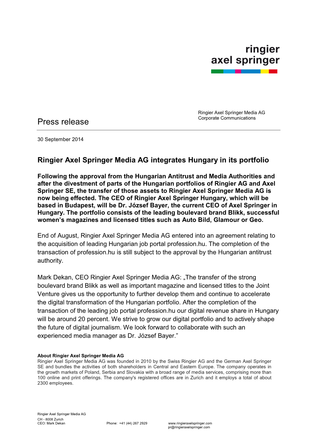 Media Release Ringier Axel Springer Media AG