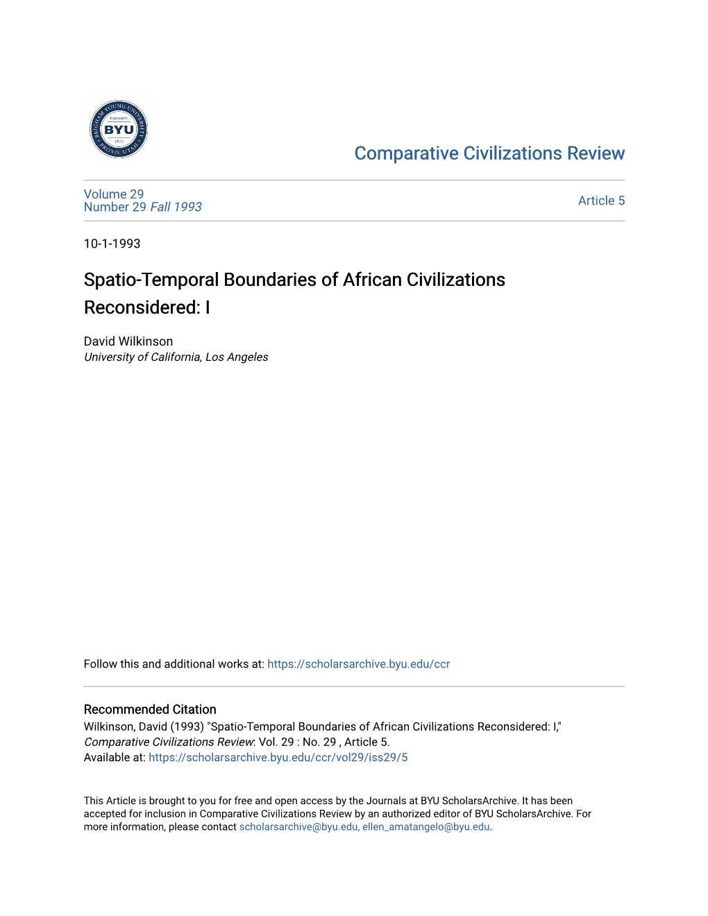 Spatio-Temporal Boundaries of African Civilizations Reconsidered: I