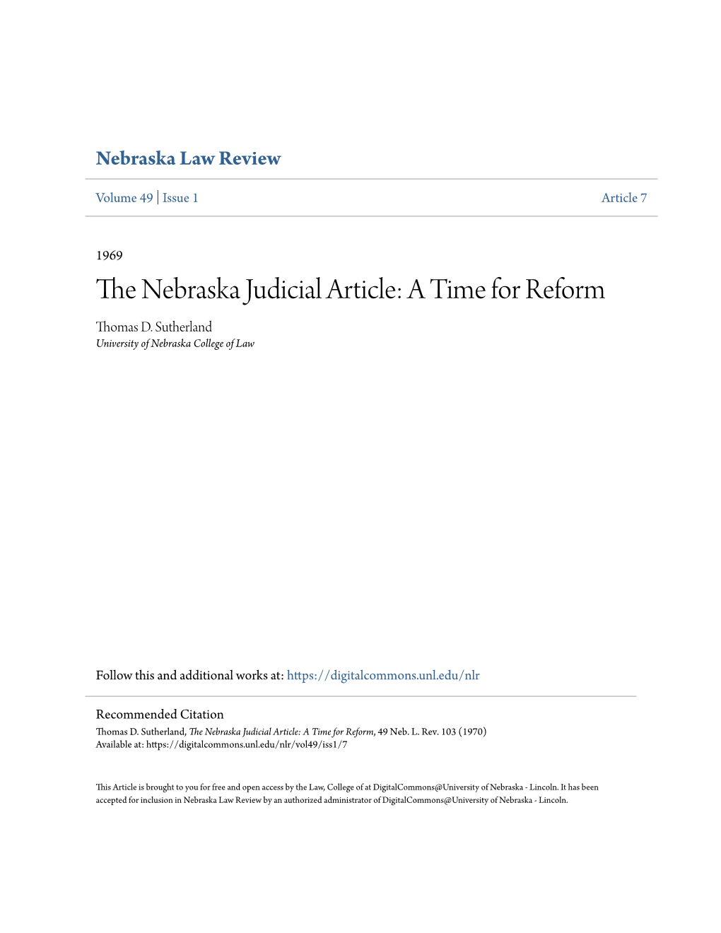 The Nebraska Judicial Article: a Time for Reform, 49 Neb