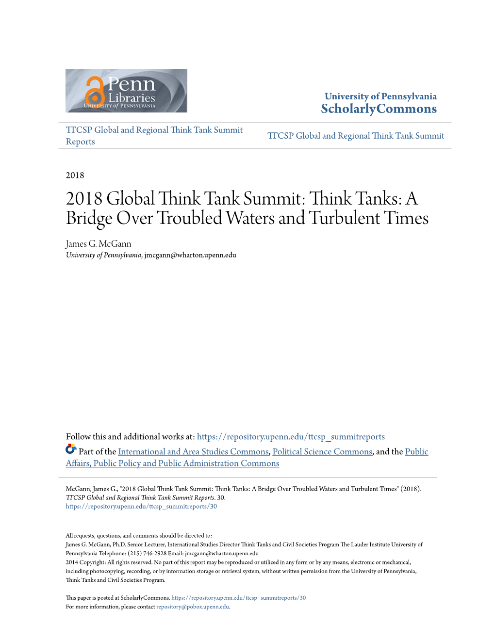 2018 Global Think Tank Summit: Think Tanks: a Bridge Over Troubled Waters and Turbulent Times