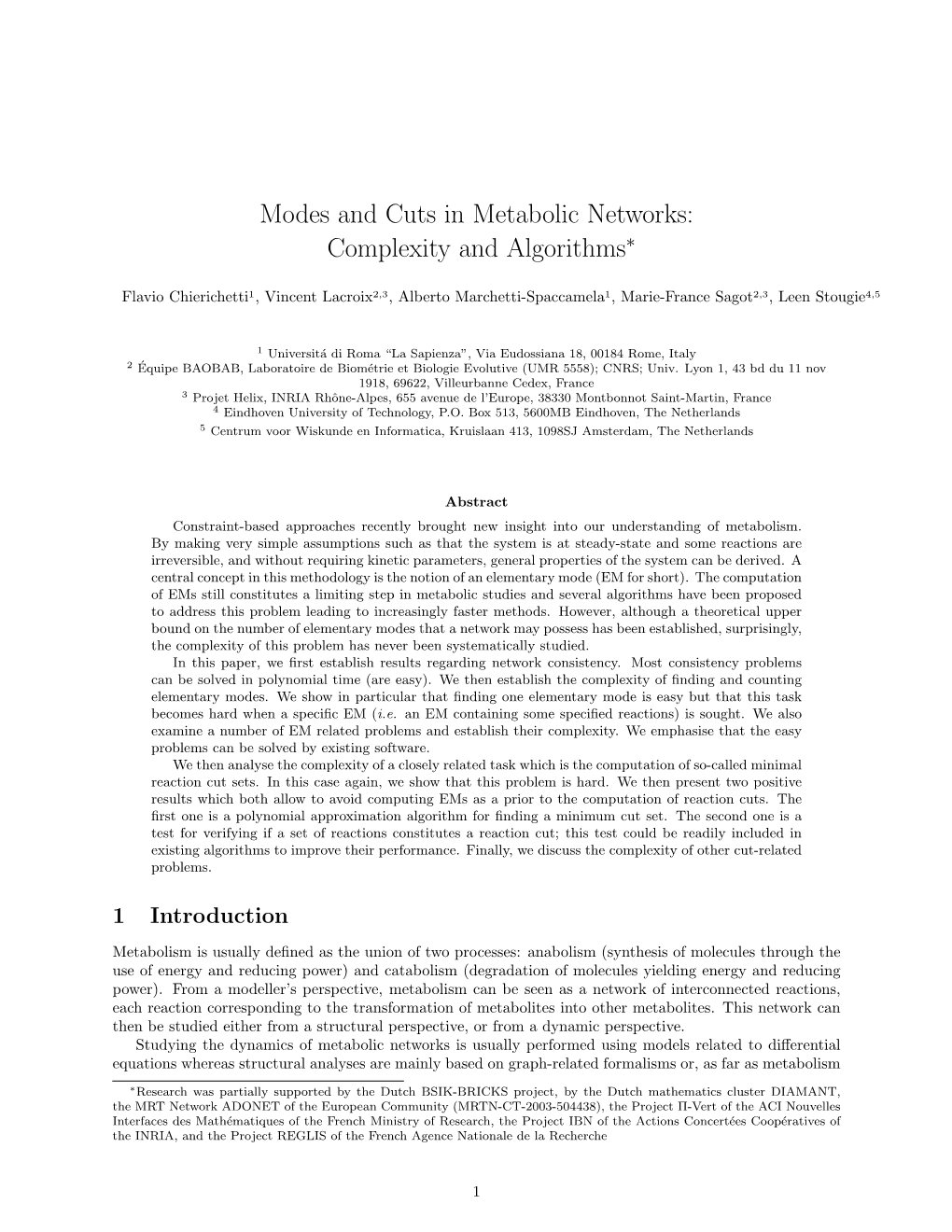 Modes and Cuts in Metabolic Networks: Complexity and Algorithms∗