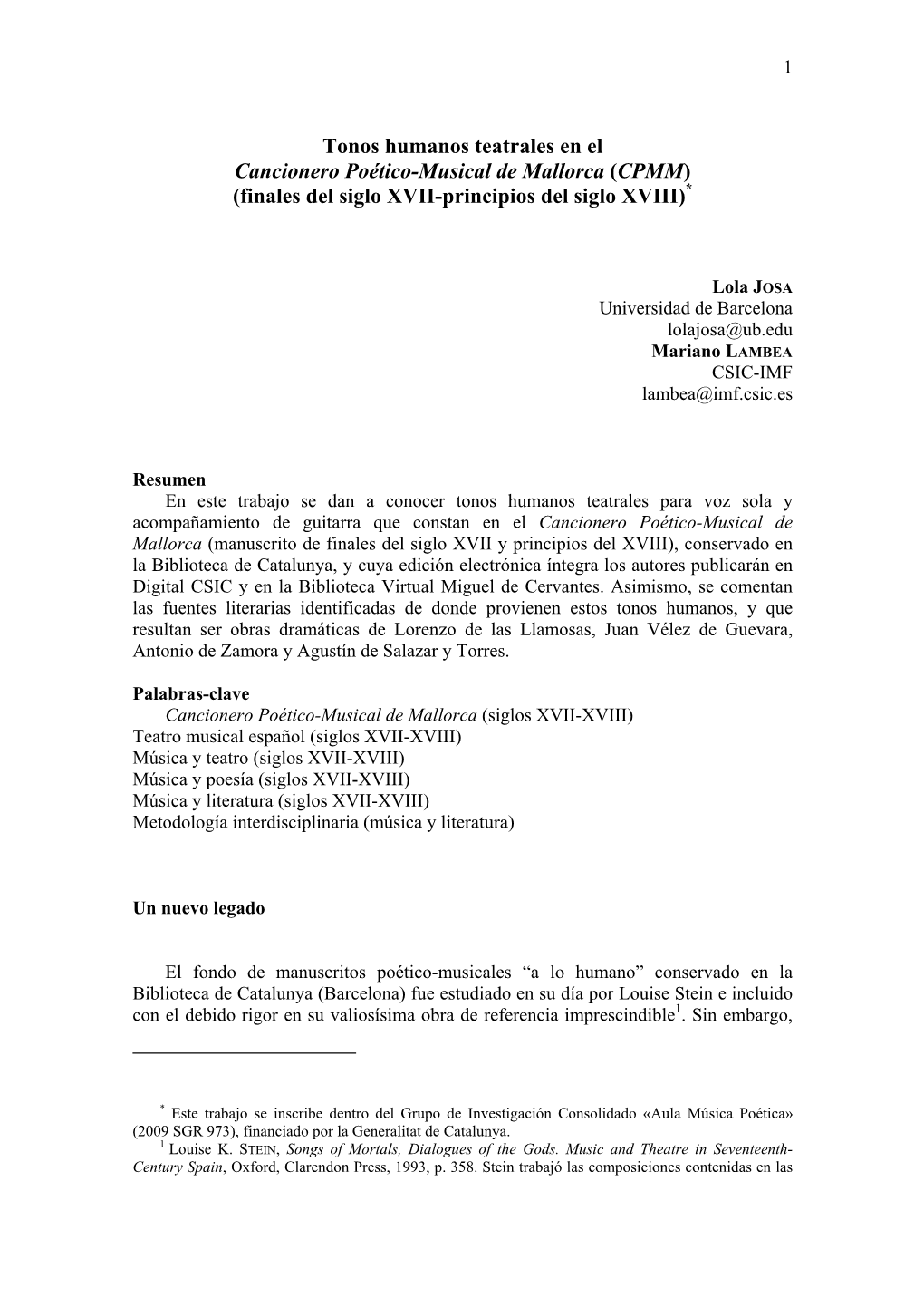 Tonos Humanos Teatrales En El Cancionero Poético-Musical De Mallorca (CPMM) (Finales Del Siglo XVII-Principios Del Siglo XVIII)*