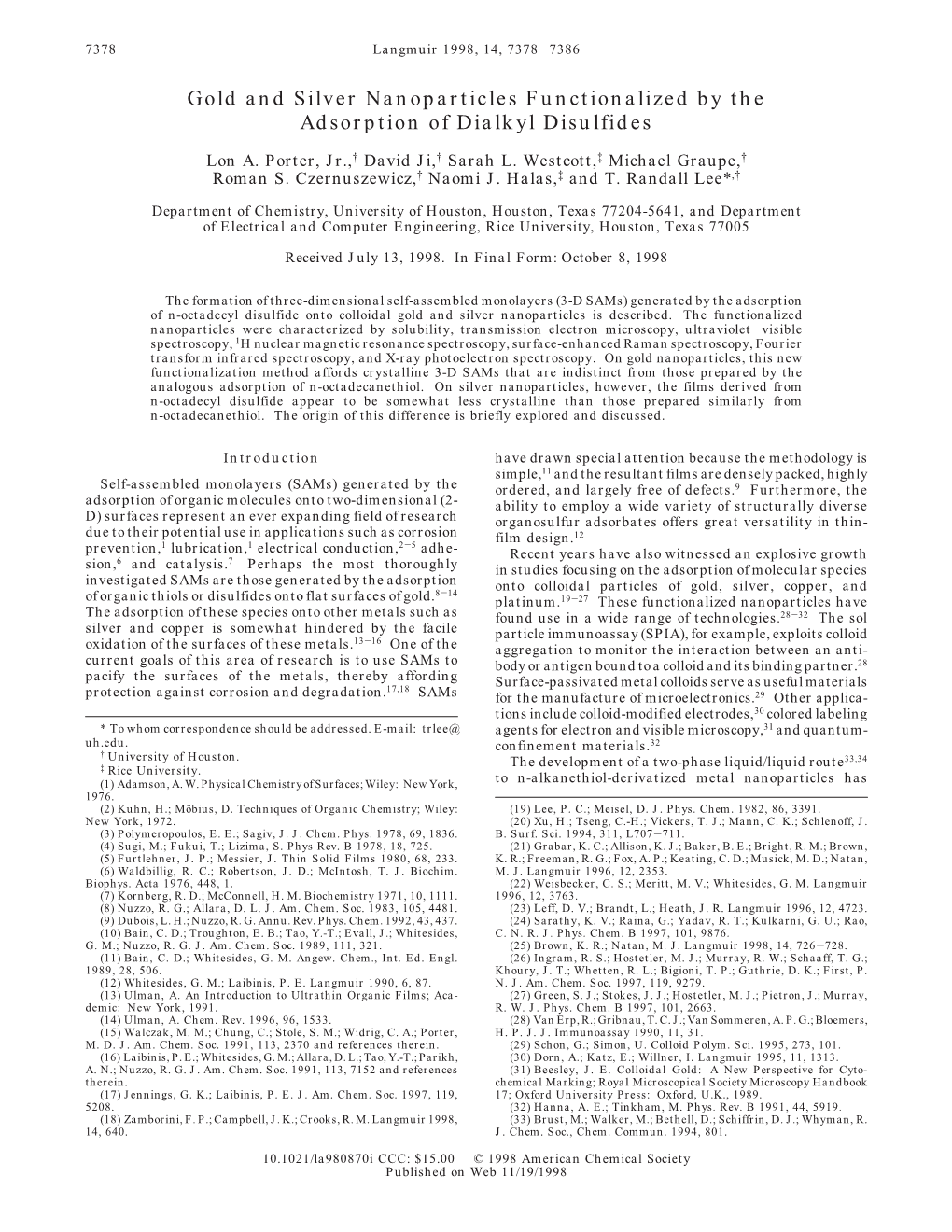 Gold and Silver Nanoparticles Functionalized by the Adsorption of Dialkyl Disulfides