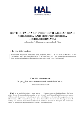 BENTHIC FAUNA of the NORTH AEGEAN SEA II CRINOIDEA and HOLOTHURIOIDEA (ECHINODERMATA) Athanasios S