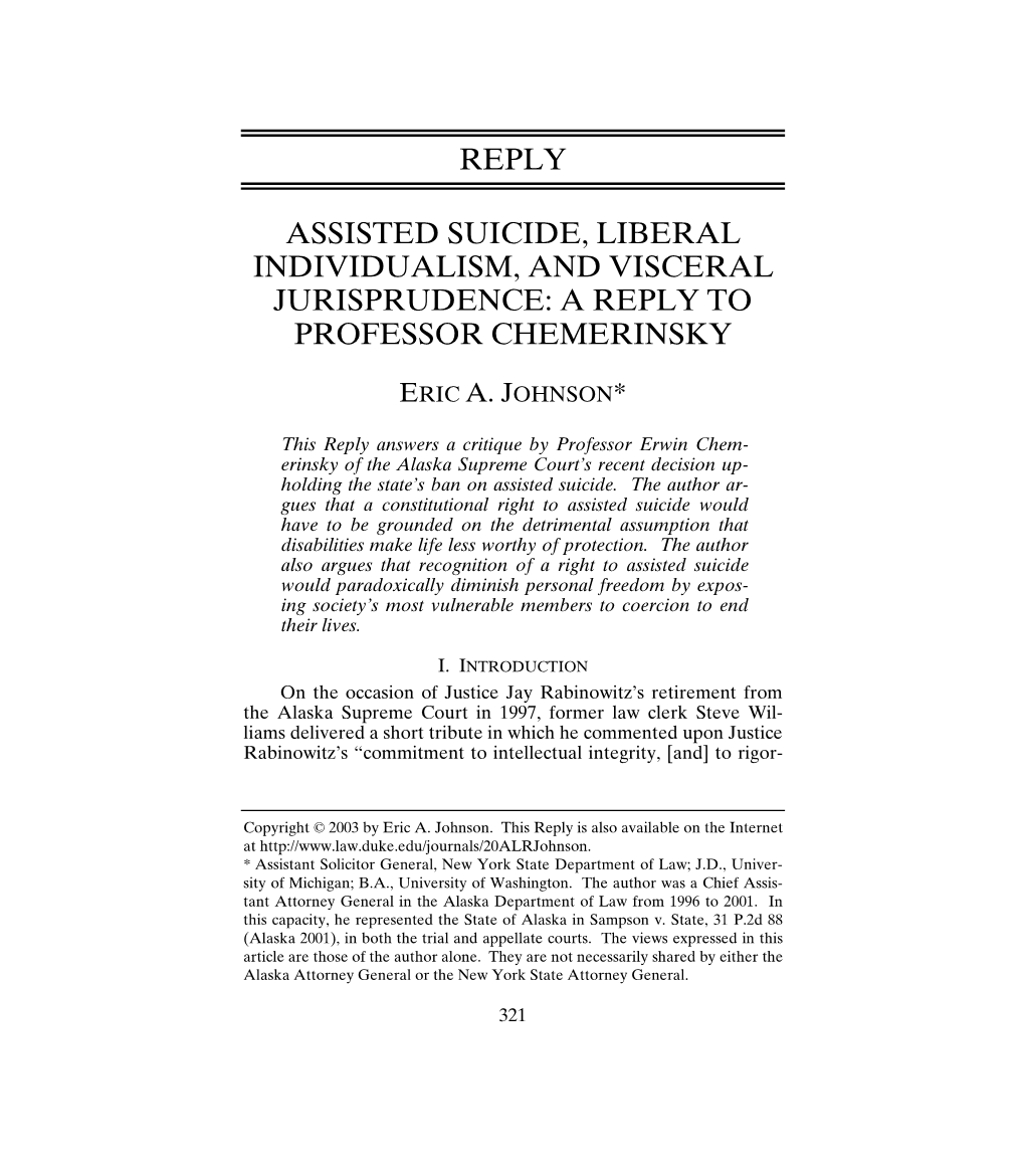 Assisted Suicide, Liberal Individualism, and Visceral Jurisprudence: a Reply to Professor Chemerinsky