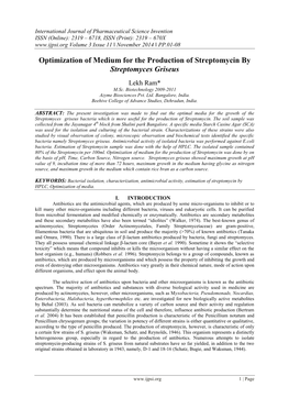 Optimization of Medium for the Production of Streptomycin by Streptomyces Griseus