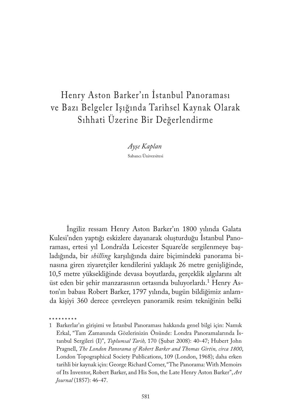 Henry Aston Barker'ın İstanbul Panoraması Ve Bazı Belgeler