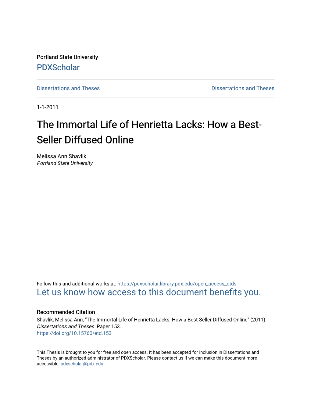 The Immortal Life of Henrietta Lacks: How a Best- Seller Diffused Online