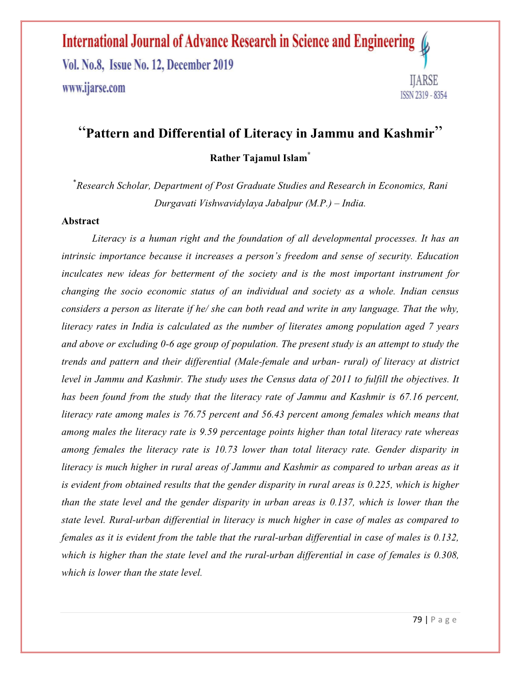 “Pattern and Differential of Literacy in Jammu and Kashmir”