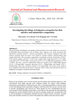 Investigating the Foliage of Indigofera Astragolina for Their Nutritive and Antinutritive Composition