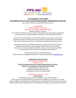 THE BANNER of the DESERT the NEWSLETTER of PFLAG PALM SPRINGS/DESERT COMMUNITIES CHAPTER Our Twenty-Third Year, January 2019, Volume 24, No