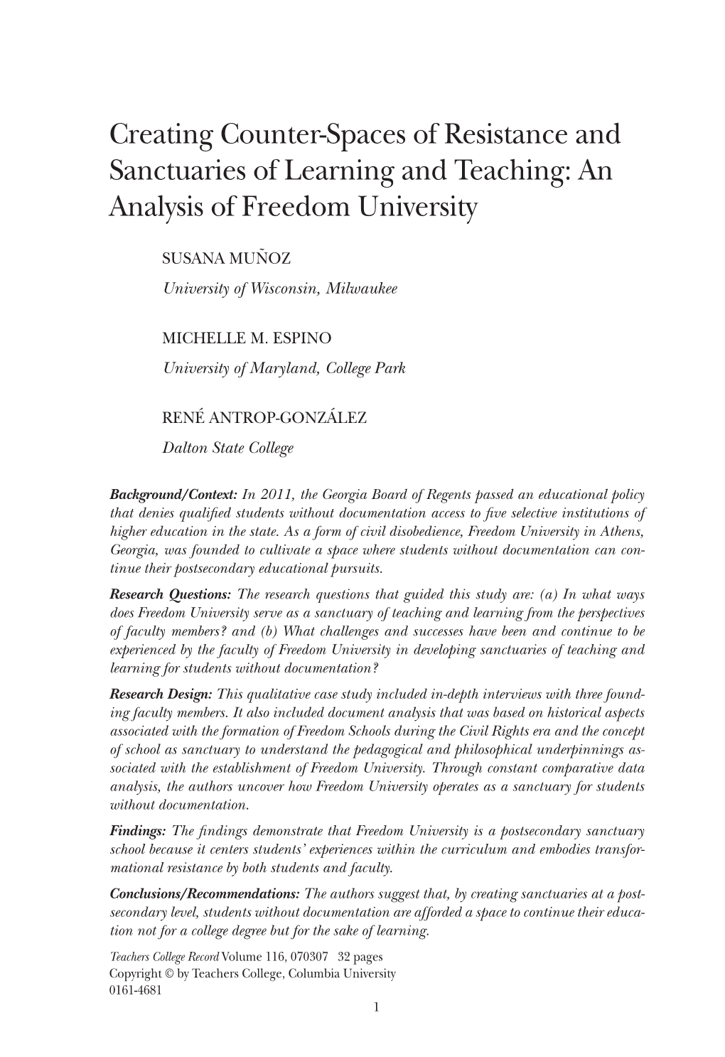 Creating Counter-Spaces of Resistance and Sanctuaries of Learning and Teaching: an Analysis of Freedom University