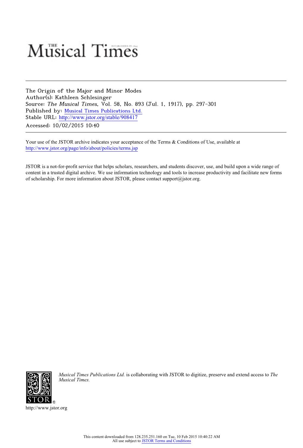 The Origin of the Major and Minor Modes Author(S): Kathleen Schlesinger Source: the Musical Times, Vol