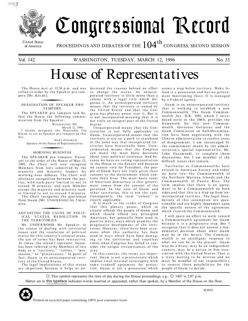 Congressional Record United States Th of America PROCEEDINGS and DEBATES of the 104 CONGRESS, SECOND SESSION