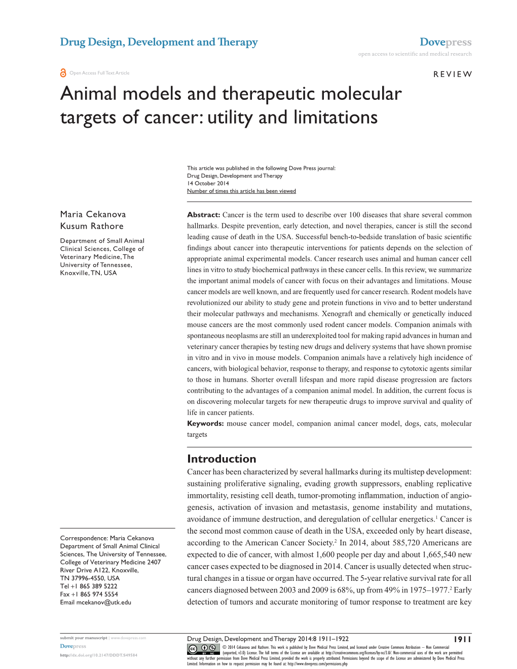 Animal Models and Therapeutic Molecular Targets of Cancer: Utility and Limitations