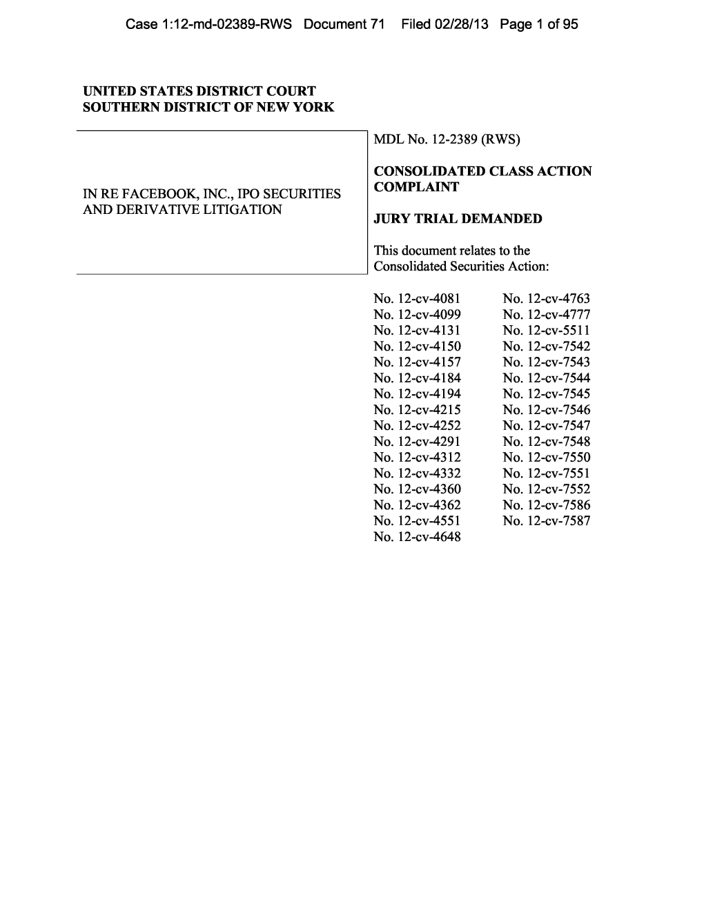 In Re: Facebook, Inc., IPO Securities and Derivative Litigation 12-MD-02389-Consolidated Class Action Complaint