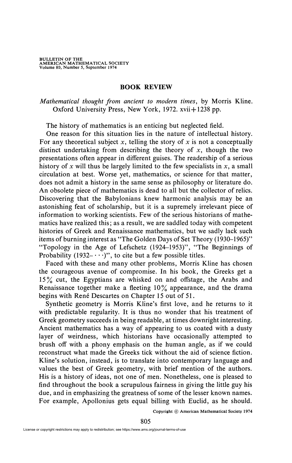 BOOK REVIEW Mathematical Thought from Ancient to Modem Times, by Morris Kline. Oxford University Press, New York, 1972. Xvii