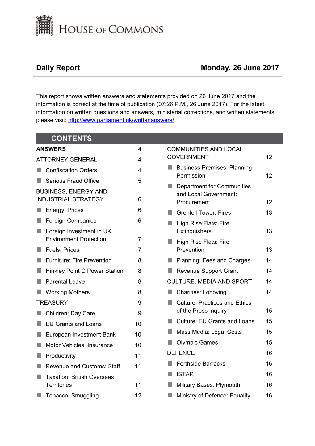 Daily Report Monday, 26 June 2017 CONTENTS