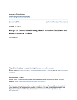 Essays on Emotional Well-Being, Health Insurance Disparities and Health Insurance Markets