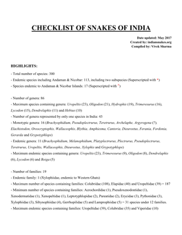 Checklist of Snakes of India