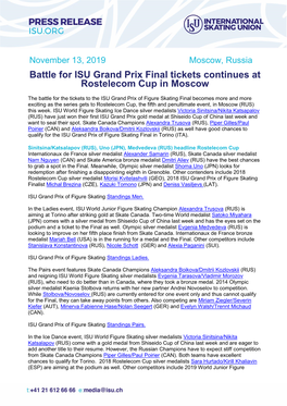 Battle for ISU Grand Prix Final Tickets Continues at Rostelecom Cup in Moscow