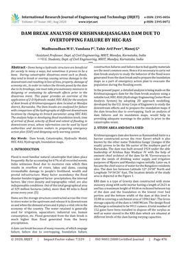 Dam Break Analysis of Krishnarajasagara Dam Due to Overtopping Failure by Hec-Ras